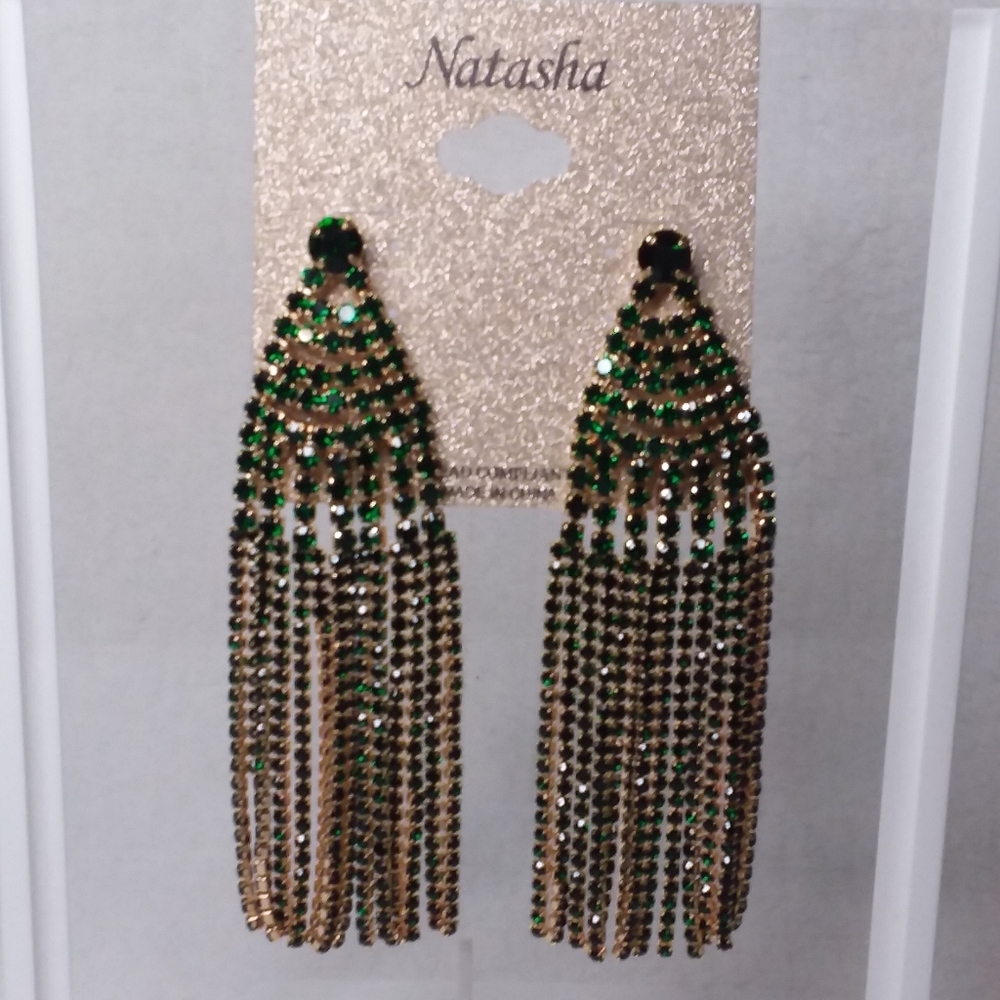 Multi Dangle Green Pierce Earrings Gold Tone Natasha
